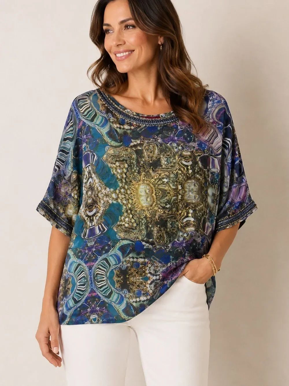Ted Baker Kilop Beaded Embellished Sheer Kaftan Oversize Jewel Print Top Size 4